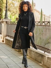 Sosandar Black Premium Longline Wool Mix Coat With Leopard Print Lining - Image 1 of 5