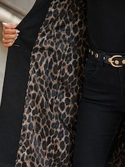 Sosandar Black Premium Longline Wool Mix Coat With Leopard Print Lining - Image 4 of 5