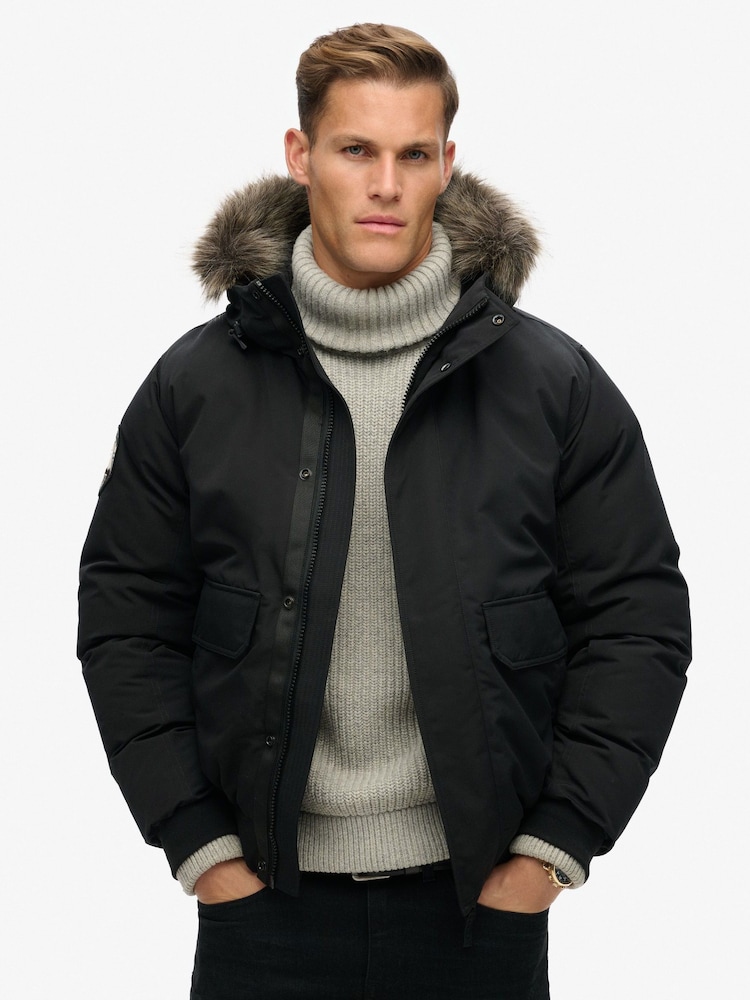 Superdry Jet Black Everest Faux Fur Bomber Coat Jacket - Image 1 of 6