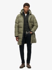 Superdry Dusty Olive Green Hooded Sports Puffer Mid Coat Jacket - Image 1 of 5