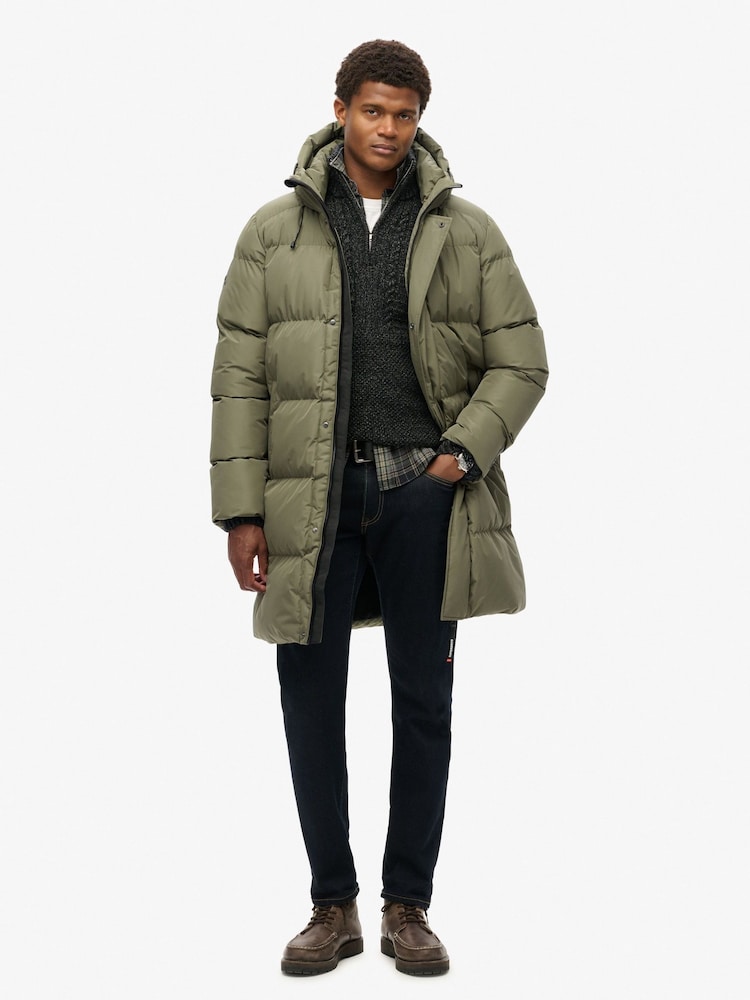Superdry Dusty Olive Green Hooded Sports Puffer Mid Coat Jacket - Image 1 of 5