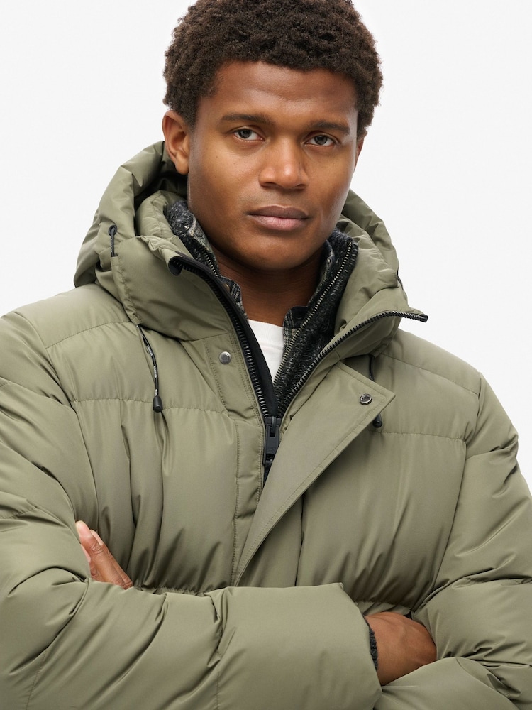 Superdry Dusty Olive Green Hooded Sports Puffer Mid Coat Jacket - Image 2 of 5
