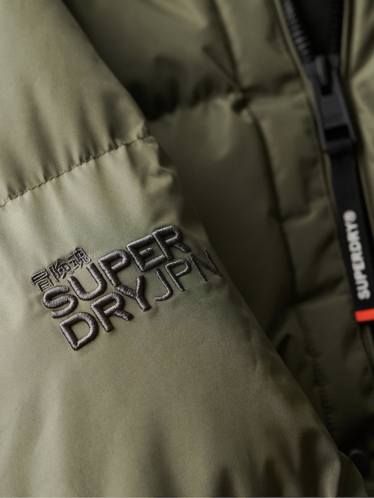 Superdry Dusty Olive Green Hooded Sports Puffer Mid Coat Jacket - Image 5 of 5