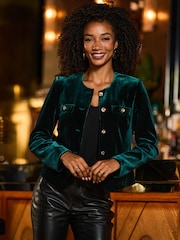 Sosandar Green Velvet Collarless Jacket - Image 3 of 5