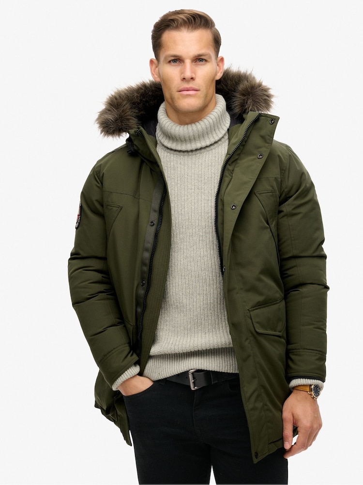 Superdry Army Khaki Green Everest Faux Fur Parka Coat Jacket - Image 1 of 5