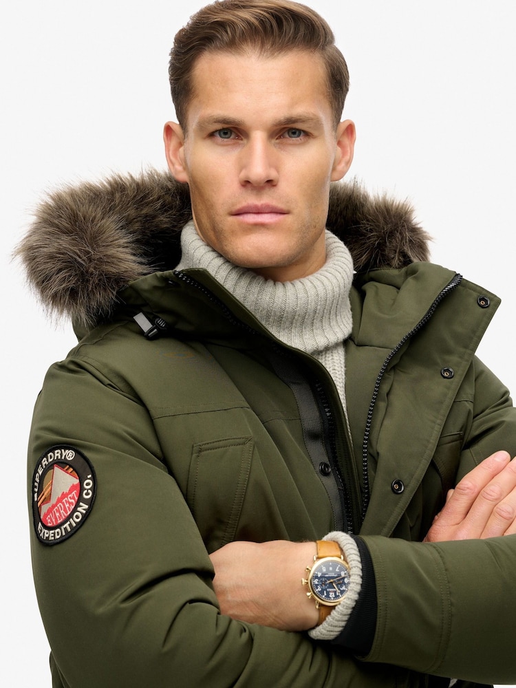 Superdry Army Khaki Green Everest Faux Fur Parka Coat Jacket - Image 3 of 5