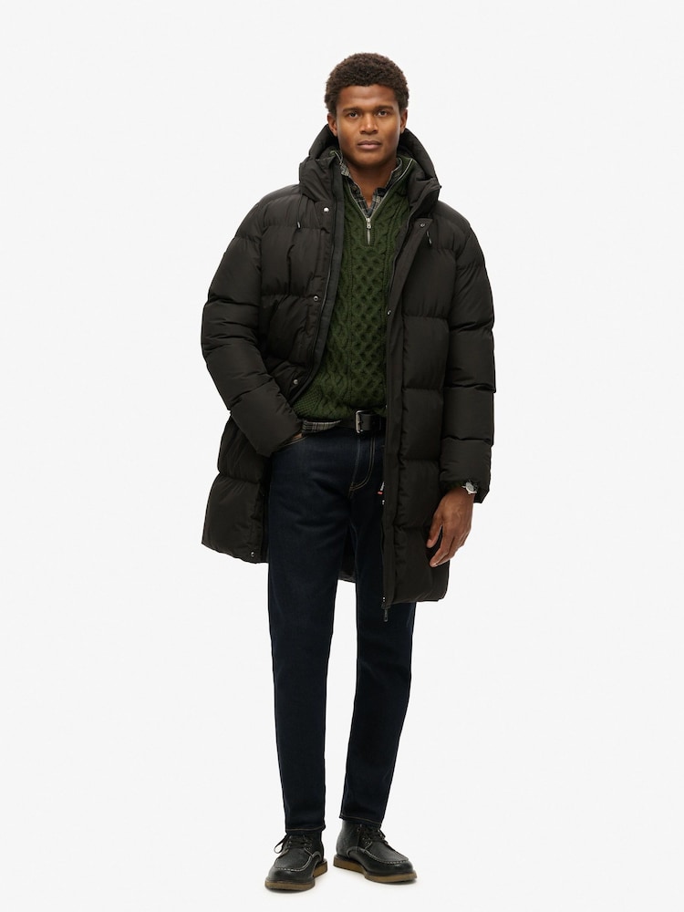 Superdry Black Hooded Sports Puffer Mid Coat Jacket - Image 1 of 6