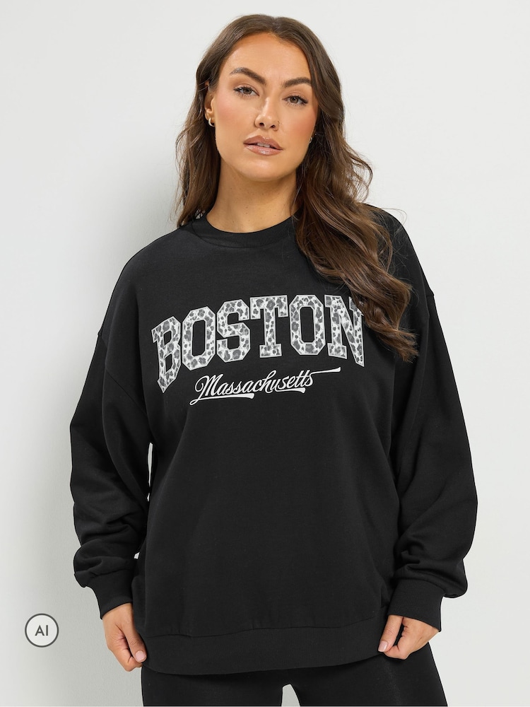 Yours Curve Black Boston Leopard Sweatshirt - Image 1 of 7 Yours Curve Black Boston Leopard Sweatshirt - Image 1 of 7