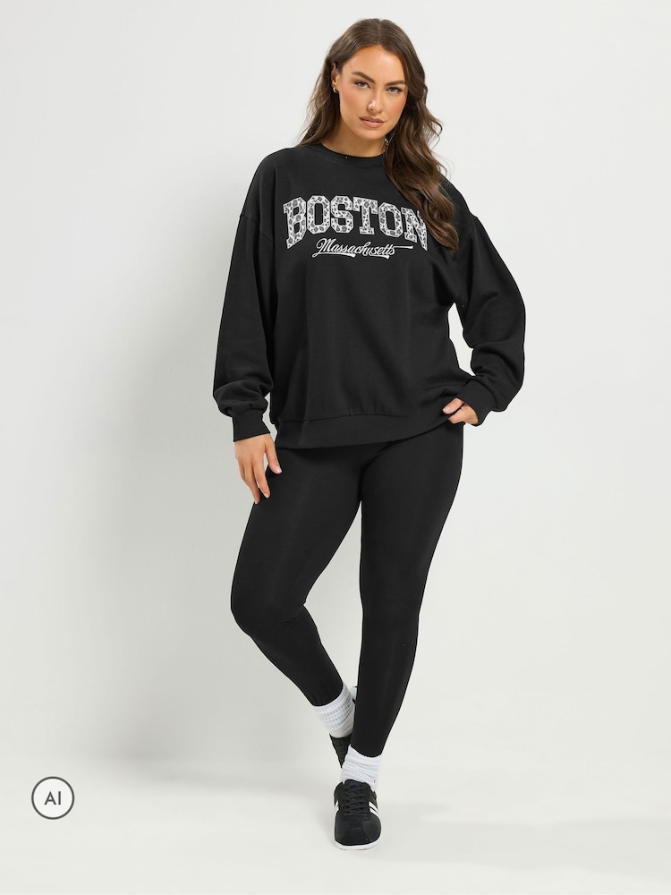 Yours Curve Black Boston Leopard Sweatshirt - Image 2 of 7 Yours Curve Black Boston Leopard Sweatshirt - Image 2 of 7