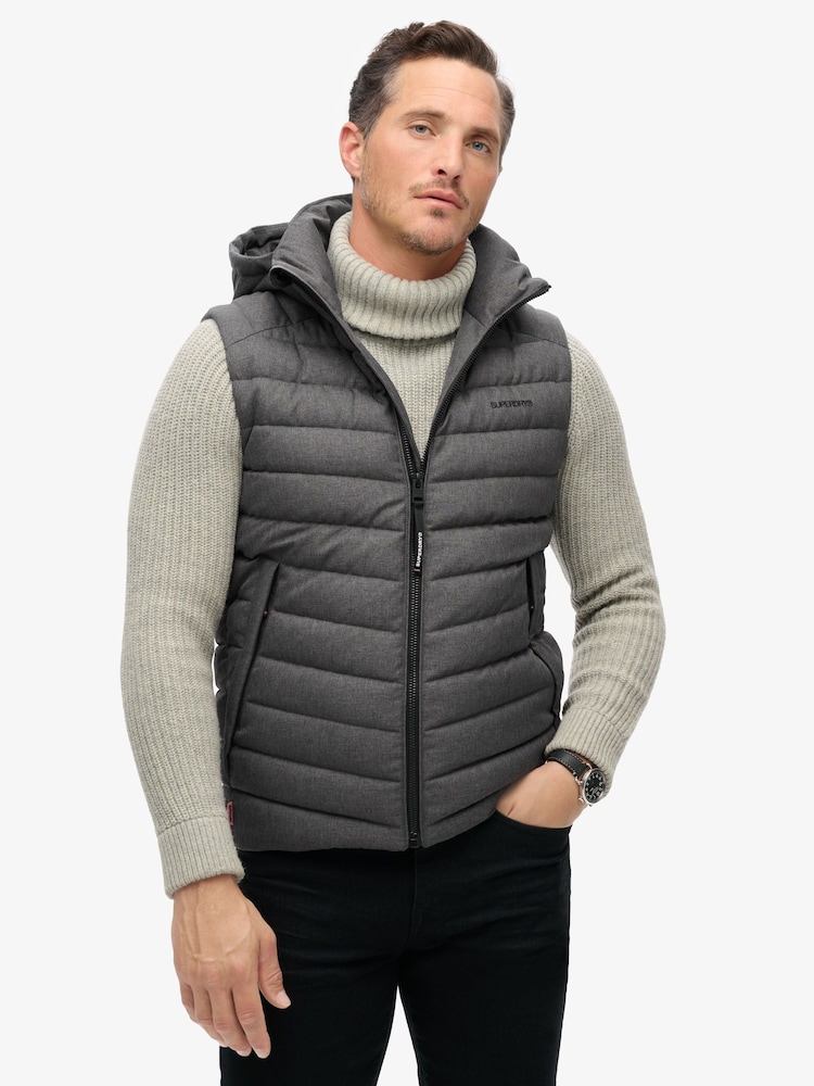 Superdry Dark Grey Marl 100% Cotton Hooded Tweed Fuji Gilet - Image 1 of 6