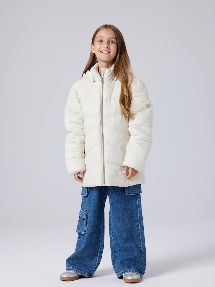 Name It Cream Padded Zip Up Jacket with Detachable - Image 1 of 6 Name It Cream Padded Zip Up Jacket with Detachable - Image 1 of 6