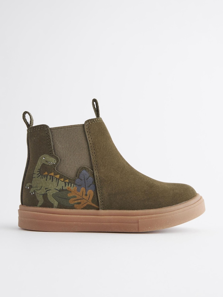 Khaki Green Dino Wide Fit (G) Chelsea Boots with Zip Fastening - Image 2 of 5