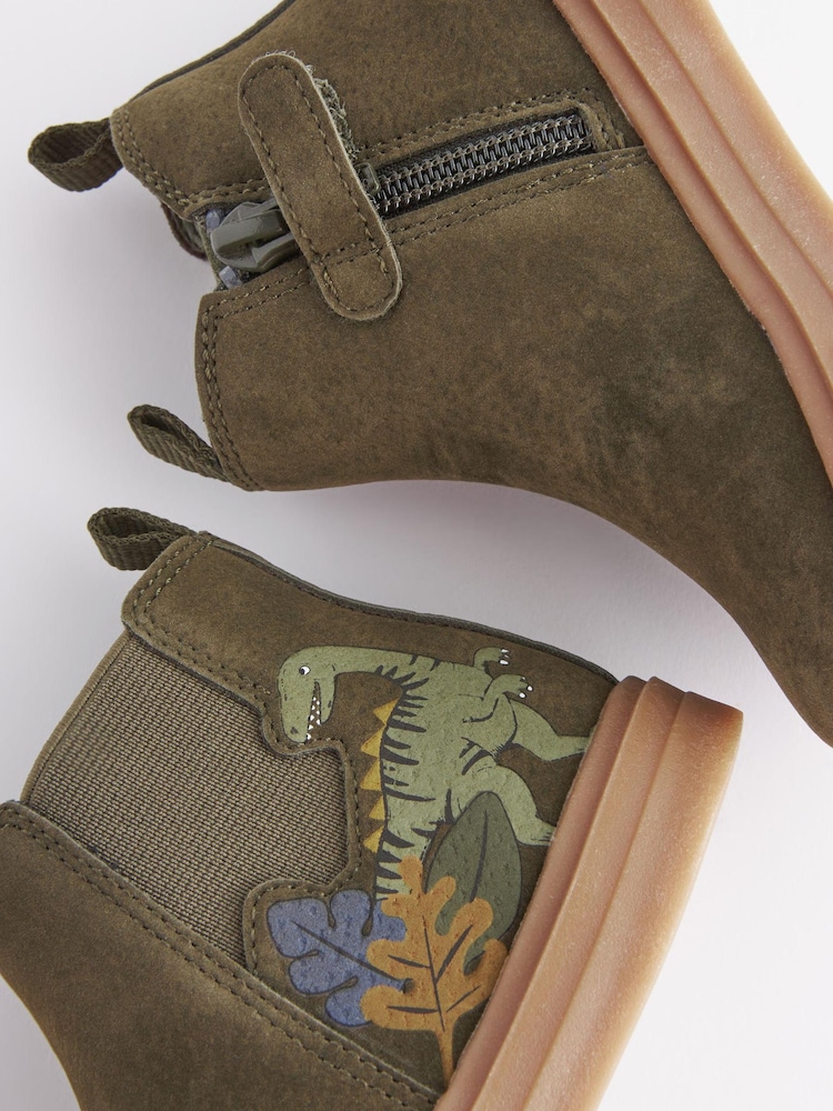 Khaki Green Dino Wide Fit (G) Chelsea Boots with Zip Fastening - Image 5 of 5