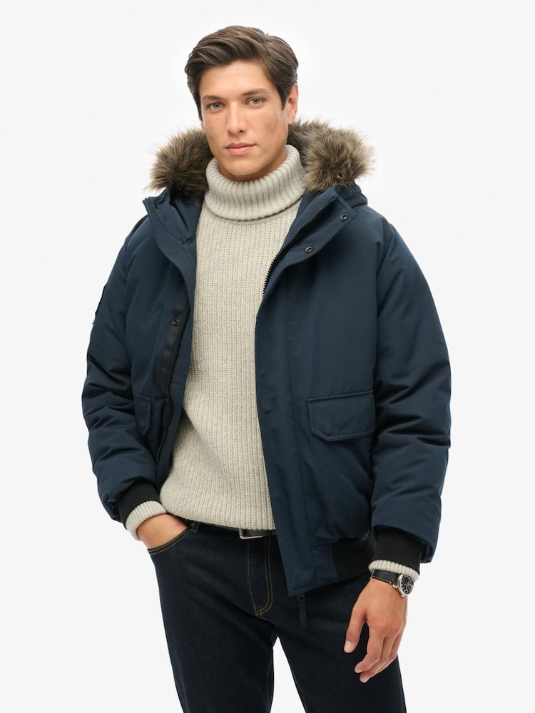 Superdry Eclipse Navy Everest Faux Fur Bomber Coat Jacket - Image 1 of 5