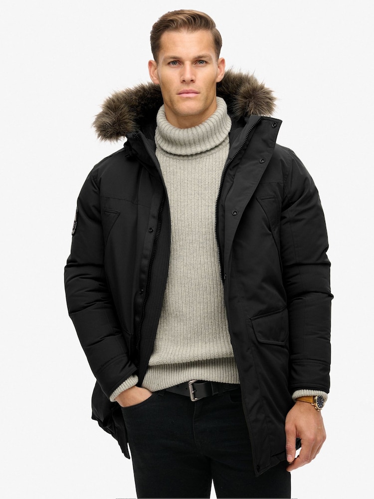 Superdry Jet Black Everest Faux Fur Parka Coat Jacket - Image 1 of 5
