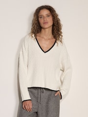Apricot White Cable Knit Tipped Cricket Jumper - Image 1 of 4