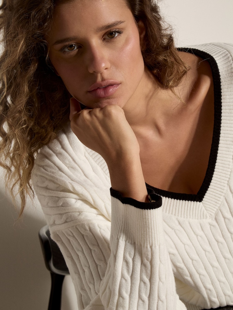 Apricot White Cable Knit Tipped Cricket Jumper - Image 4 of 4