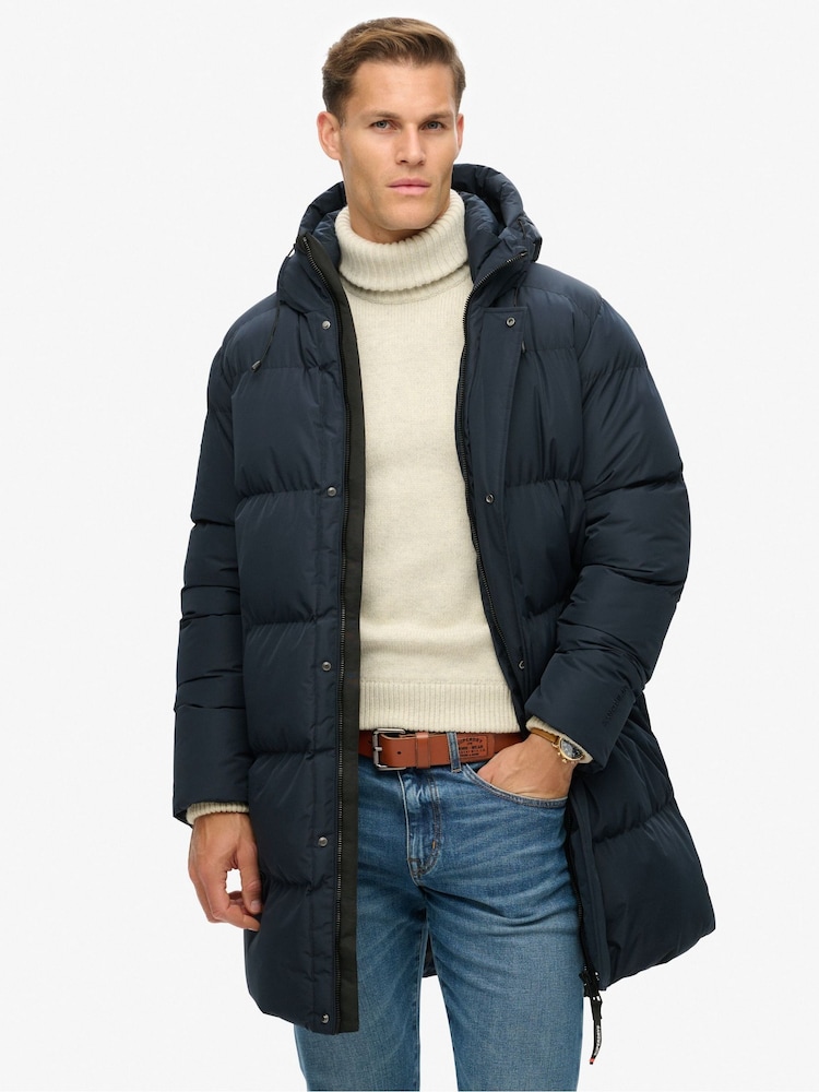 Superdry Eclipse Navy Hooded Sports Puffer Mid Coat Jacket - Image 1 of 6