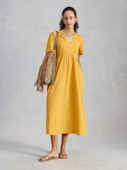 White Stuff Yellow Lucy Metallic Midi Dress - Image 1 of 6