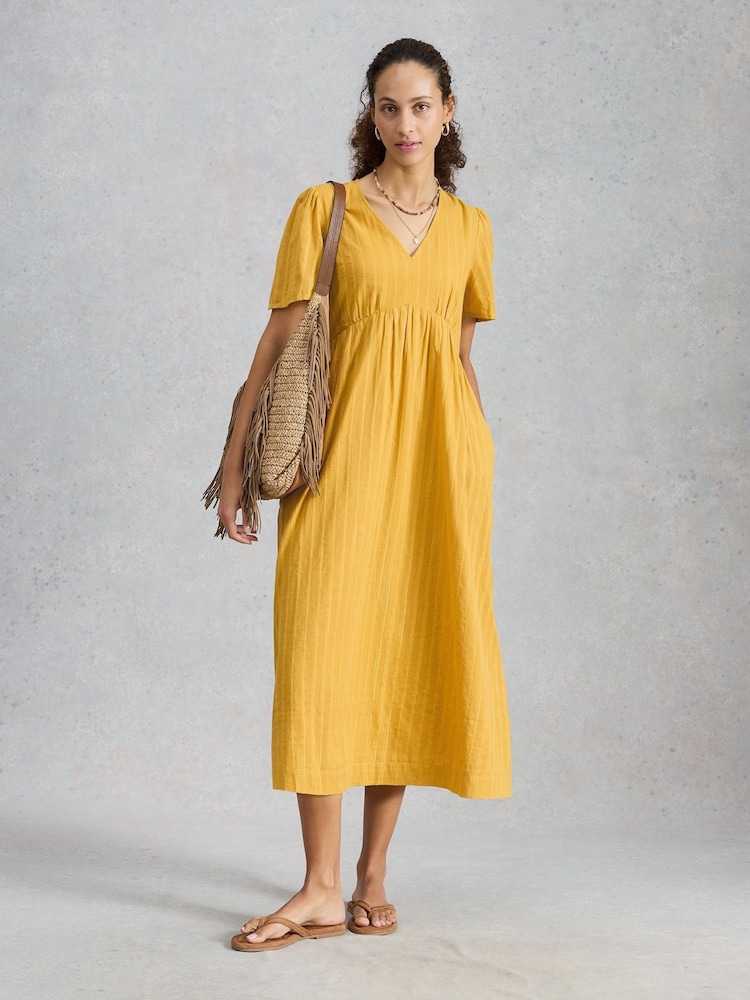White Stuff Yellow Lucy Metallic Midi Dress - Image 1 of 6