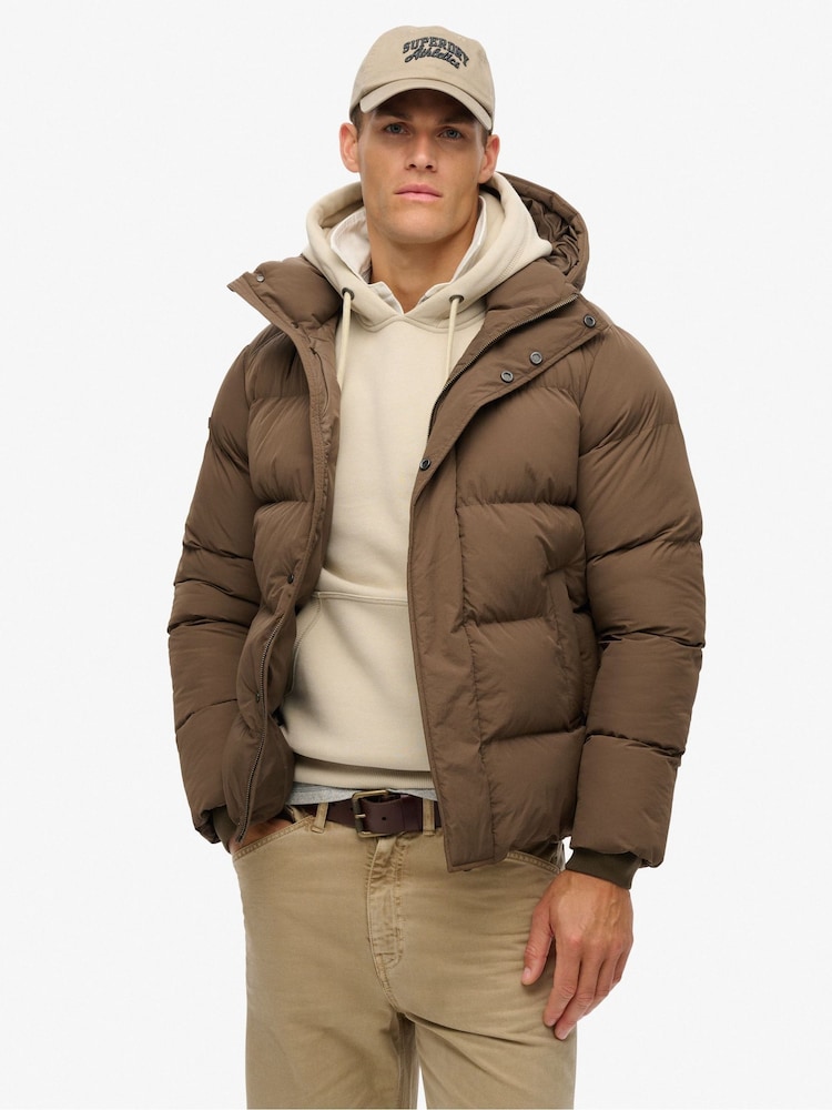 Superdry Warm Brown Hooded Puffer Jacket - Image 1 of 5