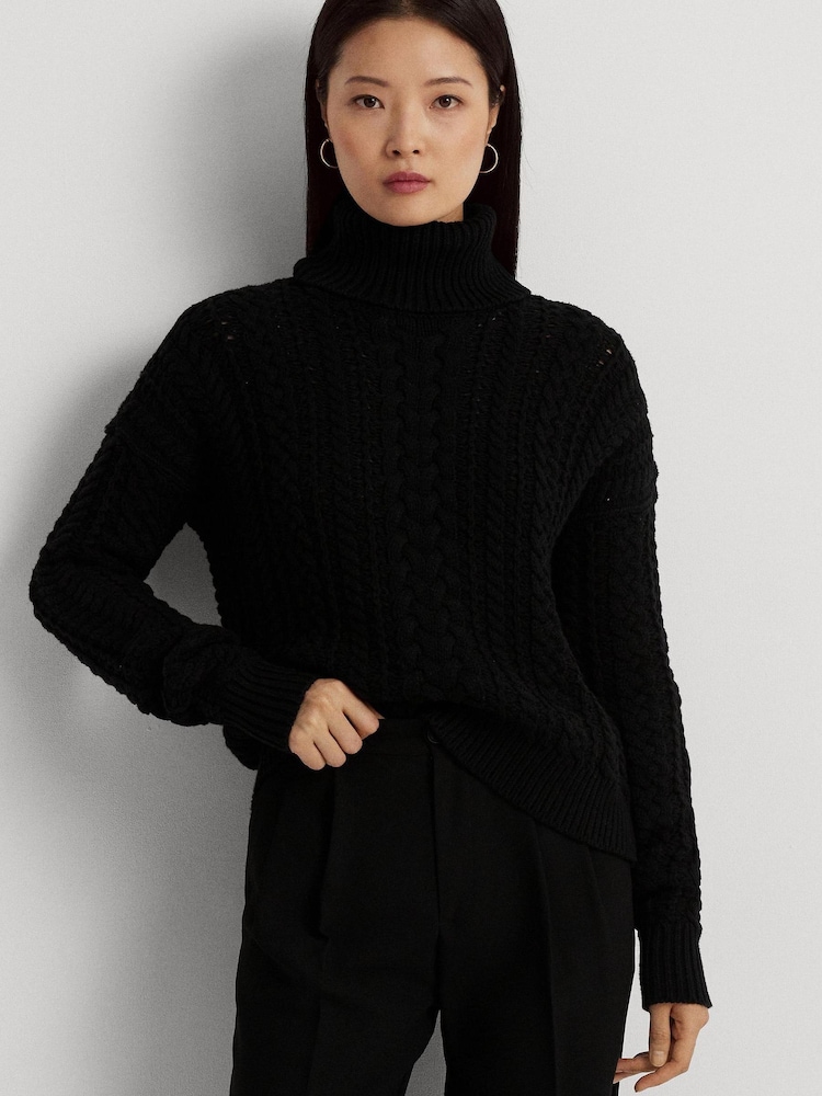 Lauren Ralph Lauren Cable Knit Cotton Blend Turtleneck Black Jumper - Image 1 of 9