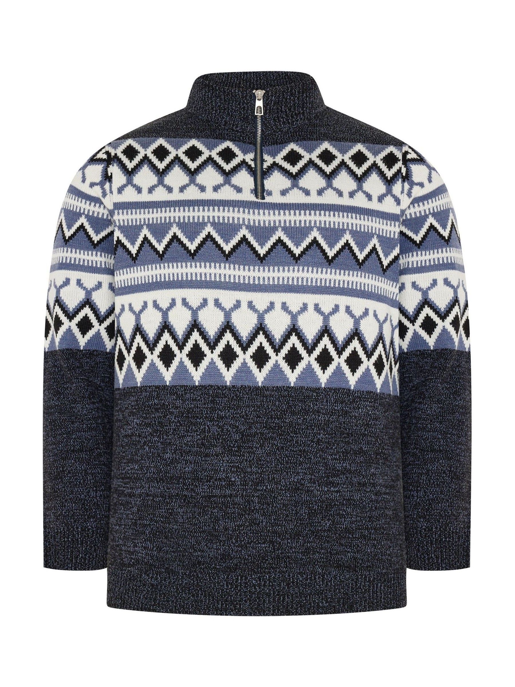 Badrhino Mens Big & Tall Fair Isle Half Zip Knitted Jumper - Grey - Image 2