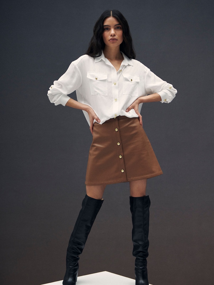 Barbour® International Camel Brown Napier Faux Leather Skirt - Image 1 of 6 Barbour® International Camel Brown Napier Faux Leather Skirt - Image 1 of 6