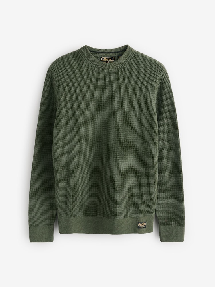 Superdry Thyme Green Textured Crew 100% Cotton Knit Jumper - Image 4 of 4