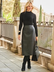 Sosandar Black Leather A-Line Midi Skirt - Image 1 of 3