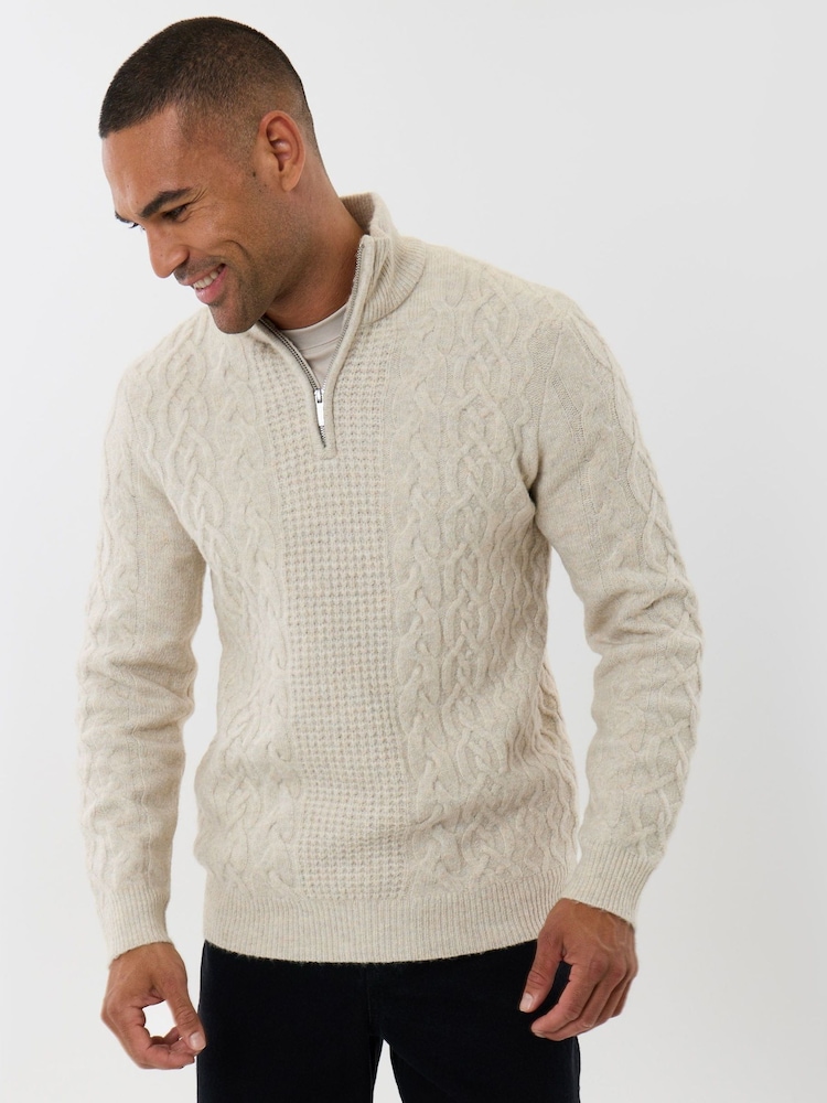 Threadbare Cream Cable Knit Quarter Zip Jumper - Image 1 of 5