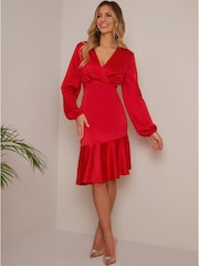Chi Chi London Red Long Sleeve V-Neck Satin Midi Dress - Image 2 of 2