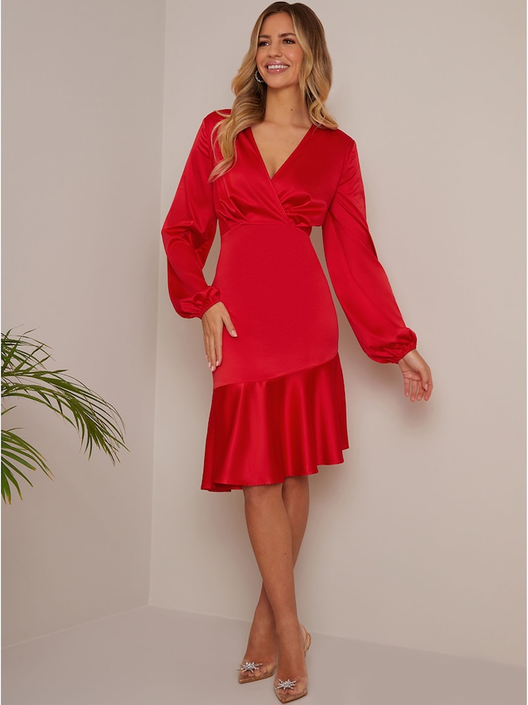 Chi Chi London Red Long Sleeve V-Neck Satin Midi Dress - Image 2 of 2