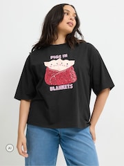 Yours Curve Black Limited 'Pig In Blankets' Cotton T-Shirt - Image 1 of 6