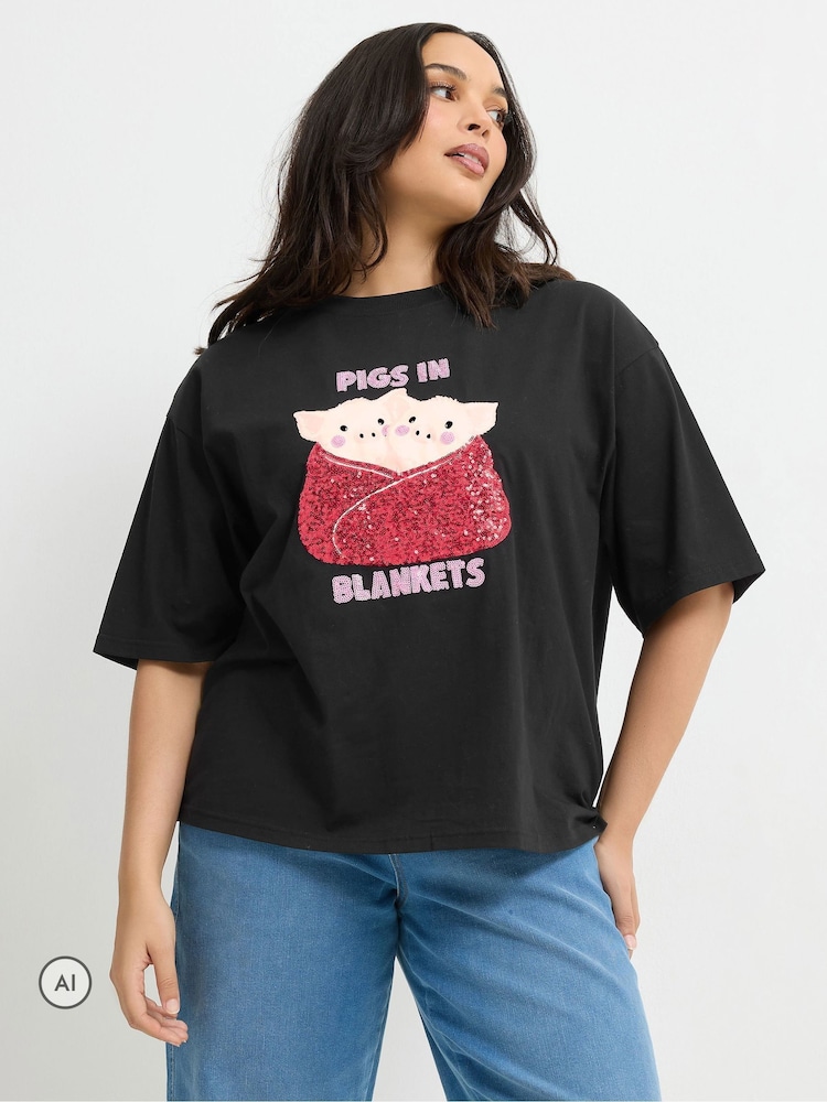 Yours Curve Black Limited 'Pig In Blankets' Cotton T-Shirt - Image 1 of 6