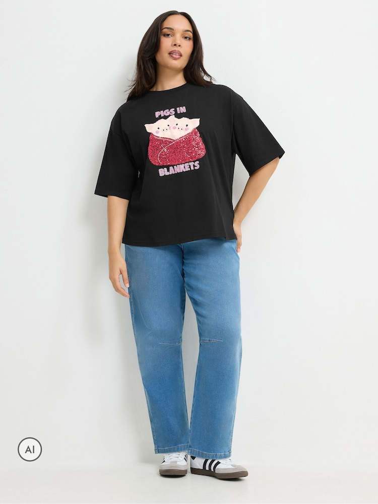 Yours Curve Black Limited 'Pig In Blankets' Cotton T-Shirt - Image 2 of 6