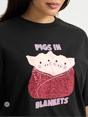 Yours Curve Black Limited 'Pig In Blankets' Cotton T-Shirt - Image 4 of 6