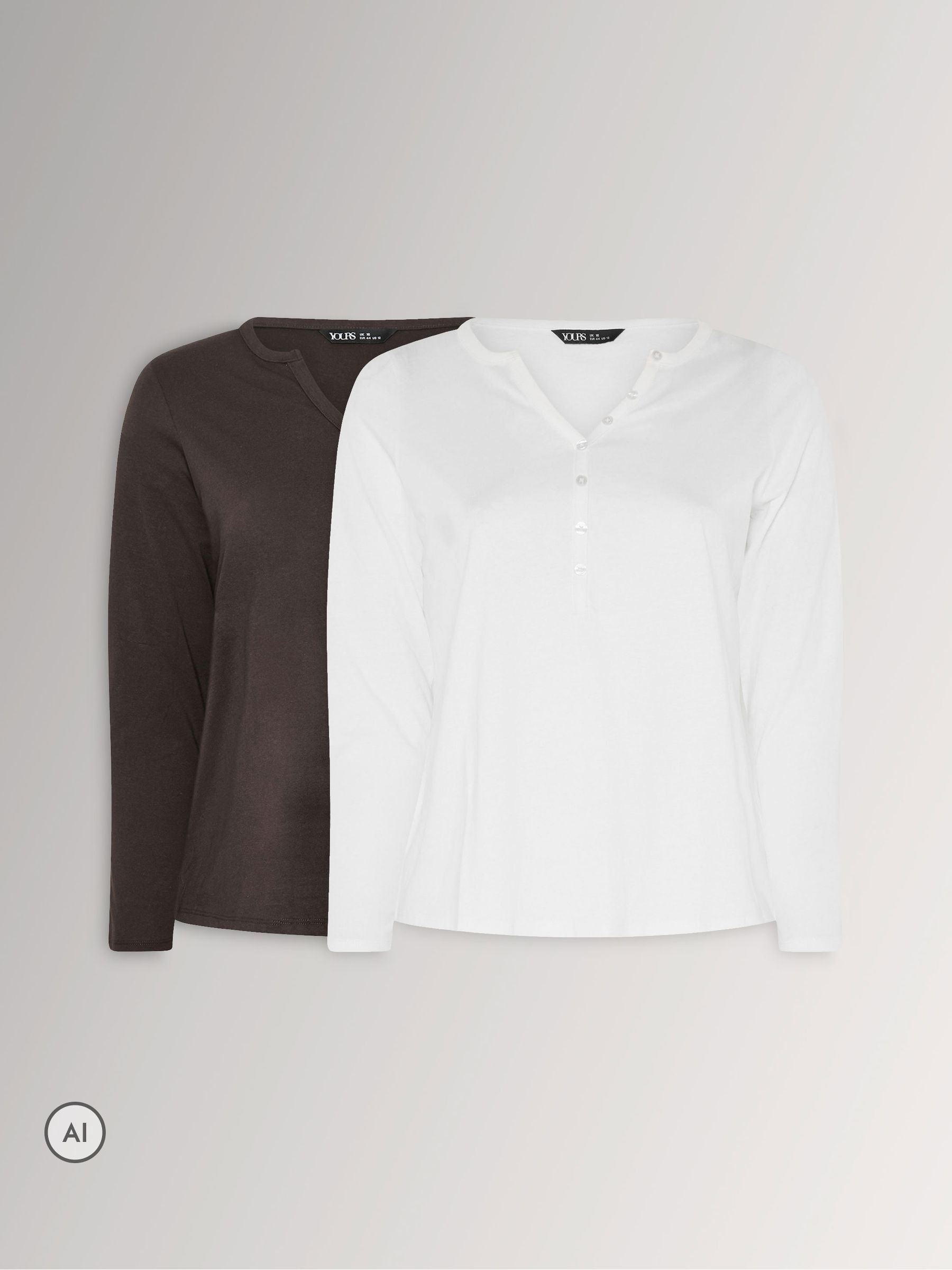 Yours Curve Women's Brown/White Henley Cotton T-Shirts 2 Pack - Image 1