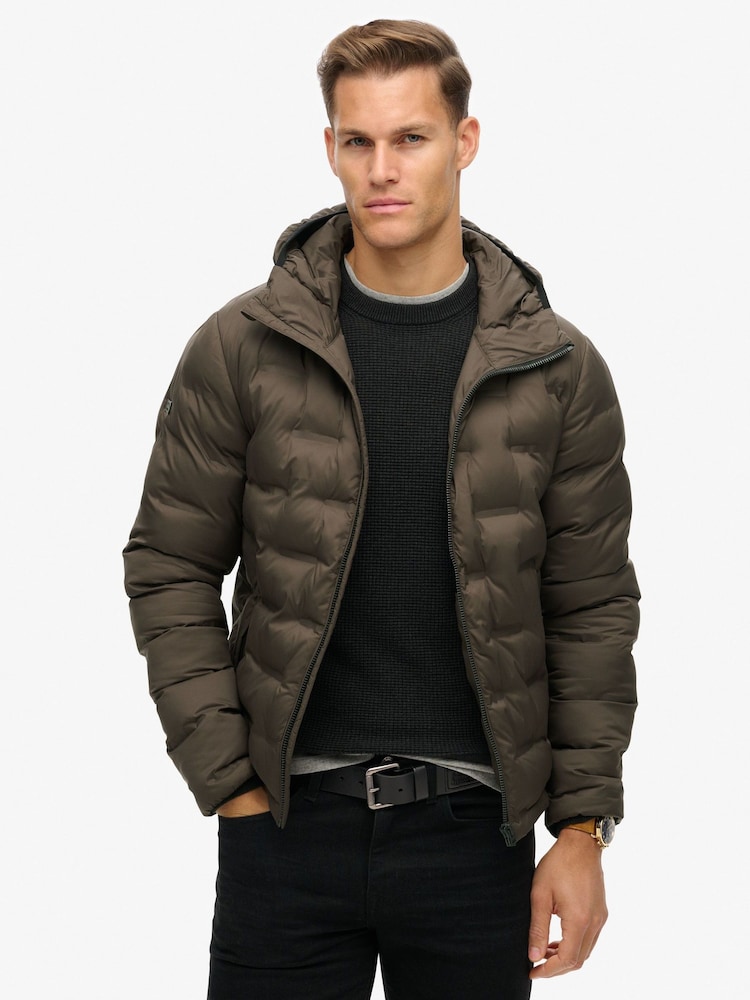Superdry Dark Brown 100% Cotton Hooded Quilted Puffer Jacket - Image 1 of 5