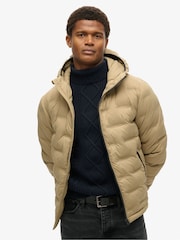 Superdry Sand Brown 100% Cotton Hooded Quilted Puffer Jacket - Image 1 of 5