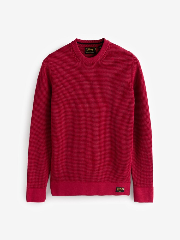 Superdry Deep Red Textured Crew 100% Cotton Knit Jumper - Image 1 of 1