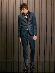 Navy Blue EDIT Slim Snake Print Velvet Tuxedo Trousers - Image 1 of 11