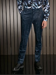 Navy Blue EDIT Slim Snake Print Velvet Tuxedo Trousers - Image 2 of 11