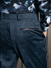 Navy Blue EDIT Slim Snake Print Velvet Tuxedo Trousers - Image 5 of 11