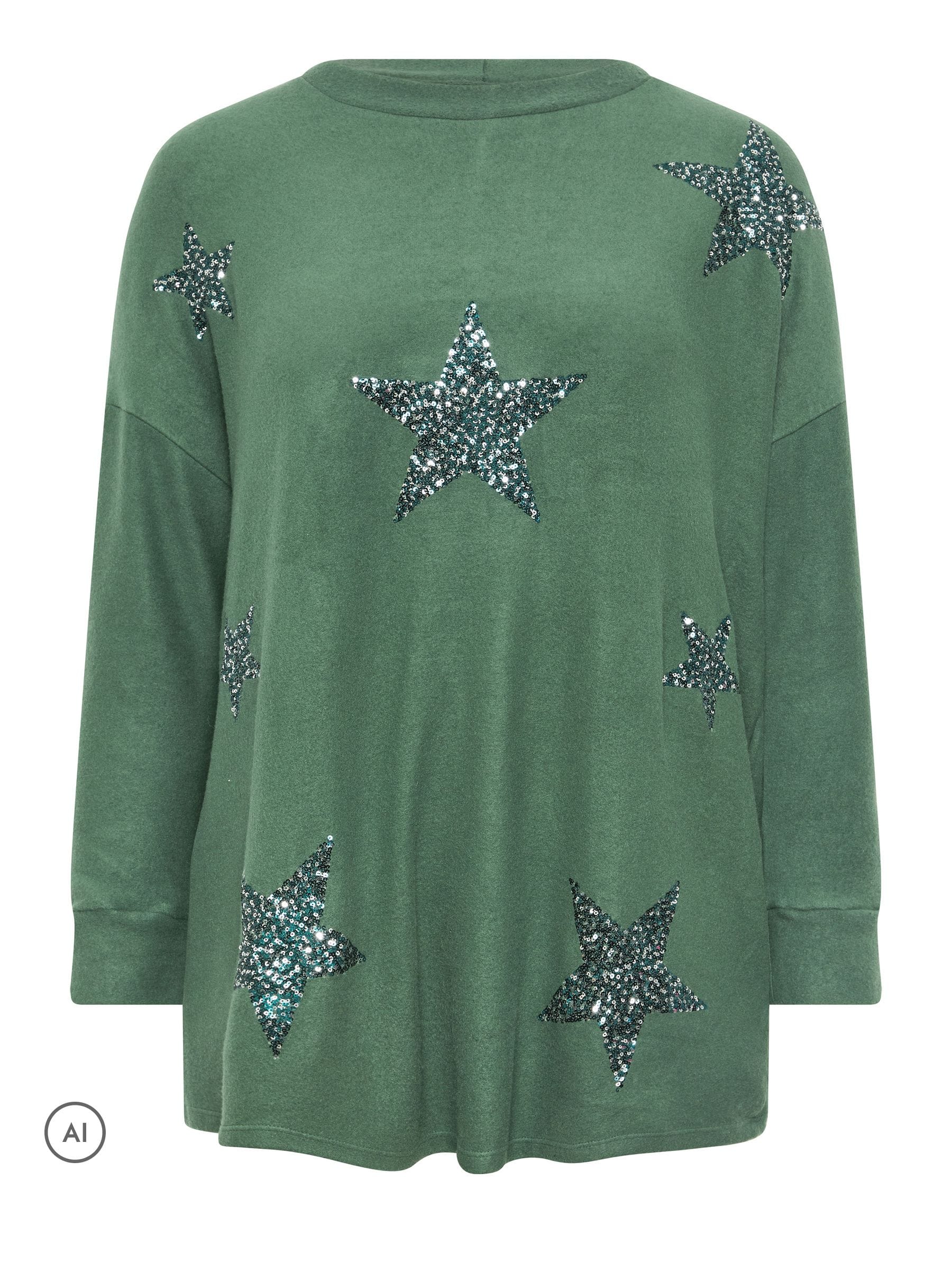 Yours Curve Women's Green Sequin Star Soft Touch Sweatshirt - Image 3