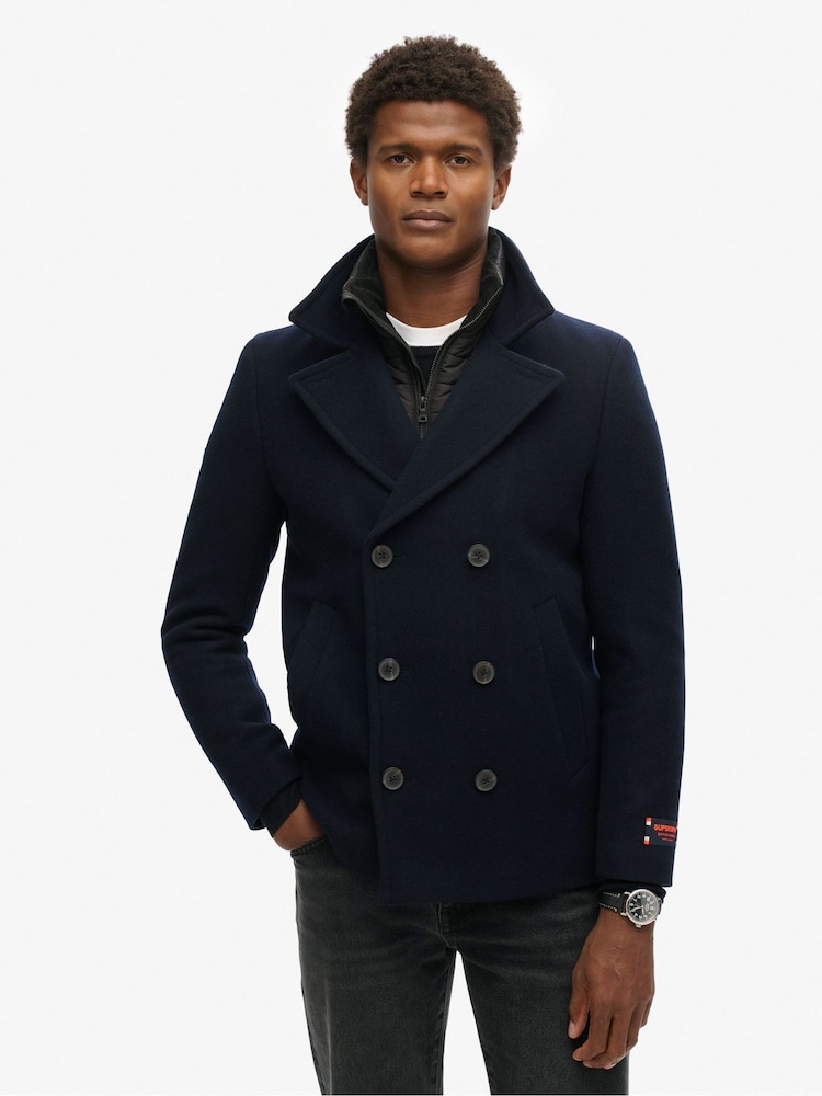 Superdry Eclipse Navy Tailored 2 In 1 Pea Coat - Image 1 of 4