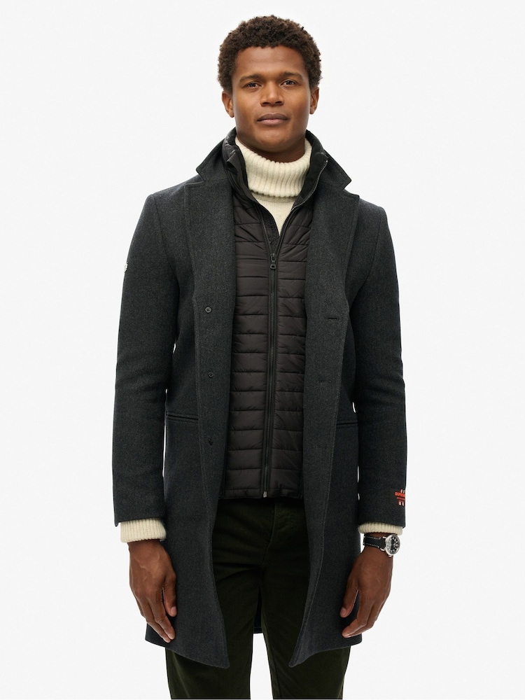 Superdry Black Herringbone Tailored 2 in 1 Town Coat - Image 1 of 8
