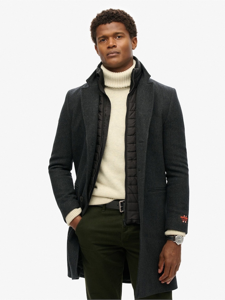 Superdry Black Herringbone Tailored 2 in 1 Town Coat - Image 3 of 8