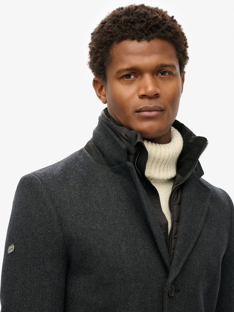 Superdry Black Herringbone Tailored 2 in 1 Town Coat - Image 7 of 8