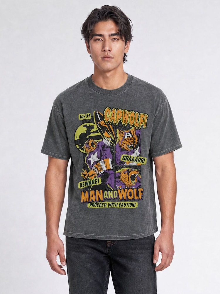 Brands In Grey Marvel Cap Wolf Halloween Washed T-Shirt - Image 1 of 4 Brands In Grey Marvel Cap Wolf Halloween Washed T-Shirt - Image 1 of 4